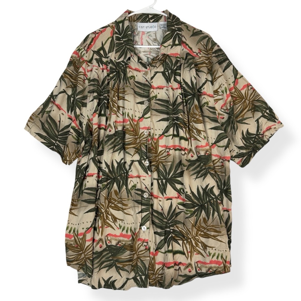 CST Studio Button Down Shirt Womens 3X Green Cream Tropical‎ Floral Polyester